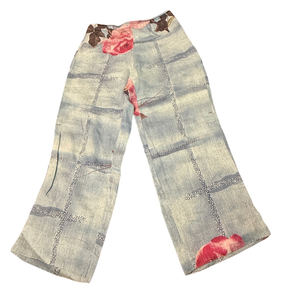 Lorena Conti Paris 100% Linen Pants Floral Rose Print Made in France S1 Luxury